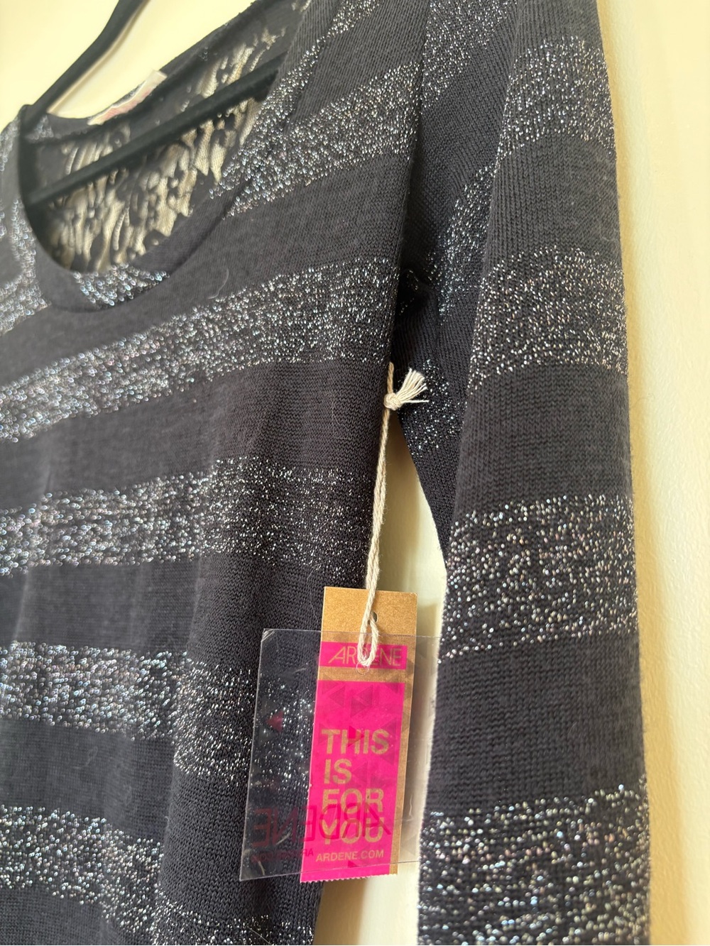 NWT Ardene Black Long Sleeve Top with Silver Metallic Stripes & Lace Back Size S